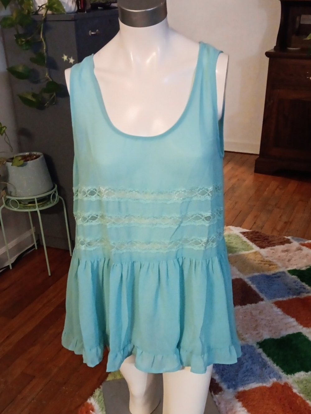 Umgee Aqua Blue Green Sheer Lace Trim Dress NWT!!
